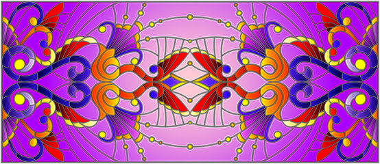 Illustration in stained glass style with abstract  swirls,flowers and leaves  on a purple background,horizontal orientation