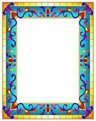 Illustration in stained glass style flower frame, bright flowers and  leaves in blue frame on a white background