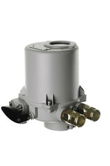 Small electric drive (actuator) gray colour for valves.  . Еxplosion-proof. Wooden and fabric background.. Wooden and fabric background.. Caption: open, closed.