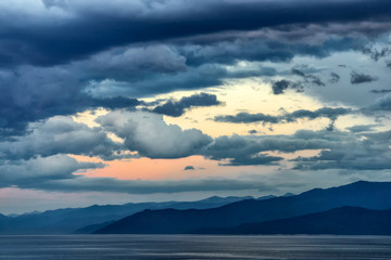 Evening Lake Baikal at sunset after a thunderstorm