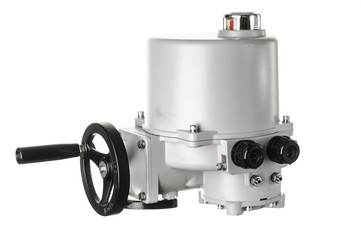 Small electric drive (actuator) gray colour for valves. Isolate . Еxplosion-proof. . Caption: open, closed.