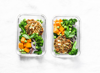 Healthy balanced lunch box. Grilled chicken zucchini burgers with broccoli, pumpkin, green pea salad on a light background, top view. Office food lunch healthy lifestyle concept