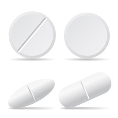 Set of vector illustrations of drug pills with shadows, round and oval