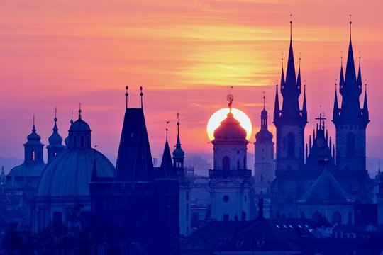 Sun Disk behind the Astronomical Tower of Prague Clementinum