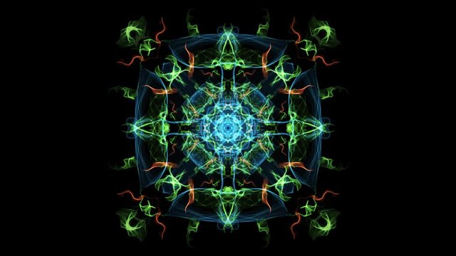 Abstract multicolored fractal animation in square composition, effect of variegated smoke. Nice symmetric ornament on black background. 4k video