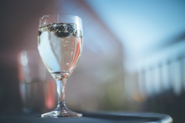 Sektglas mit Heidelbeeren auf Balkon, Urlaub