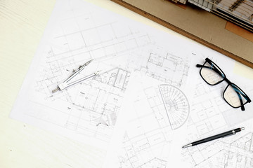 Architect Engineer Design Working on Blueprint Planning Concept. Construction Concept