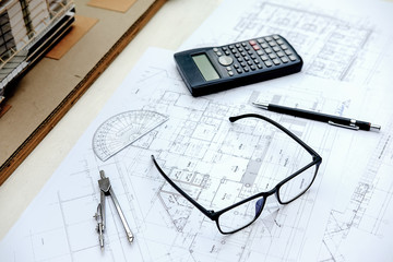 Architect Engineer Design Working on Blueprint Planning Concept. Construction Concept