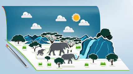 Illustration vector design concept of animal wildlife elephants family pop up book, Pop-up book with africa savanna elephant family scene © mhaprang