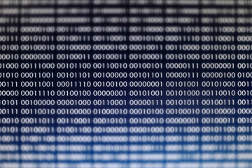 blocks of binary data. Blockchain concept. blue background with computer digital binary code bit...