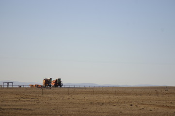 Old unworking red harvesting machinery on a dry drought stricken farm in Rural New South Wales on a hot dry day