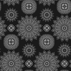 Vector seamless pattern. Eastern texture for textiles, fabrics, flax. Abstract ornament with a contour mandala. Black and white texture of the East in the style of Damascus. Vintage Wallpaper Template