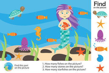 Naklejka premium Activity page, mermaid under water in cartoon style, find images, answer the questions, visual education game for the development of children, kids preschool activity, worksheet, vector illustration