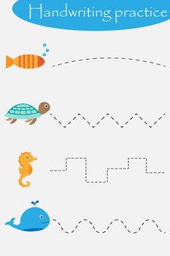 ocean and sea animals wheel fish turtle seahorse handwriting practice sheet kids preschool activity educational children game printable worksheet writing training vector illustration stock vector adobe stock