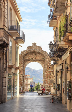 Messina Gate (Porta Messina) in Taormina. It is north entrance of  historical center of town which leads to  main street of Taormina
