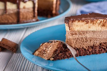 A piece of chocolate cake on wooden table