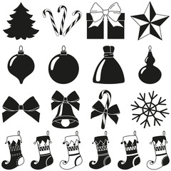 Black white 18 christmas elements silhouette set