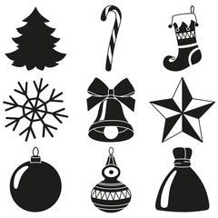 Black and white 9 xmas elements silhouette set
