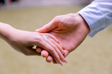 Bride and groom holding hands in wedding celemony.