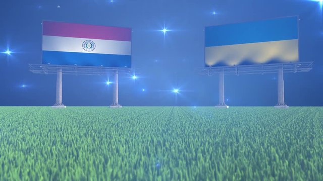 3d animated soccer ball bouncing in front of billboards with the flags of Paraguay and Ukraine with flickering lights in the background in 4K resolution