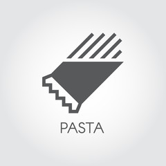 Pasta in package glyph icon. Graphic symbol of floury meal. Traditional Italian dish. Spaghetti or macaroni black flat label. Food logo. Vector illustration for cooking and gastronomy theme