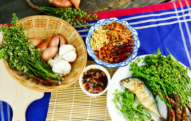 Traditional Thai Set Menu  Grilled mackerel with Neem and Sweet & Sour Tamarind Sauce. (Thai name is Sadow Nam Pla Wan)