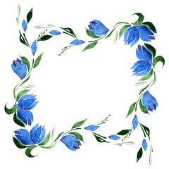 Fototapeta na wymiar Watercolor Square frame of blue bell flowers and green leaves. Vector. Isolate.