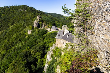 View of historic Aggstein castle ruin on the Danube river. Lower Austria.