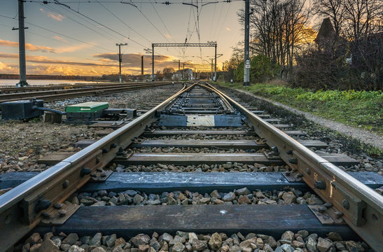 Rail tracks, EC, Europe. Image was taken during sunset in autumn