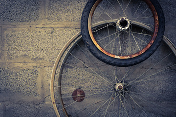 Fototapeta na wymiar old bicycle tires in the garage