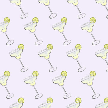 Vector cool margarita cocktail pattern. Tropical tequila drink with juice and lemon slice. Classiscal receipe of liquer, luxury tropical drinks. Restaurant advertising.