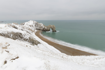 Durdle Door in the snow on the Dorset Coast.