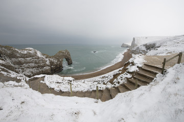 Durdle Door in the snow on the Dorset Coast.