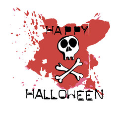 Halloween greeting card. Hand drawn skull and bones. Abstract hand painted grunge backgroung with spots and blots. Text Happy Halloween.
