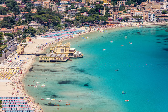 View of the seaside resort town of Mondello in Palermo, Sicily. White beach and turquoise crystal clear sea. HD View of the gulf from the top of Monte Pellegrino.