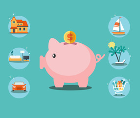 Piggy bank and 6 icons: house, car, yacht, shopping cart, furniture and holiday. Saving and investing money and financial planning vector concept