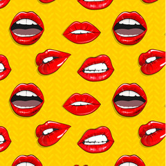 Fototapeta na wymiar Vector cool background. lips prints beauty pattern. Woman cosmetic texture. Glossy trendy teeth print.
