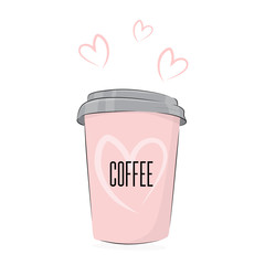 Vector coffee drink. Cute food illustration: cup of drink to go with lovely text. Cafe poster with pink morning drink. Breakfast espresso relax shop package