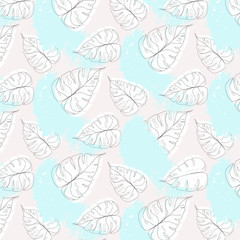 Fototapeta na wymiar Vector blue grey pattern with banana palm leaves in vector. Monsterafoliage decoration. Nature tropical floral wallpaper. Textile plant leaf.