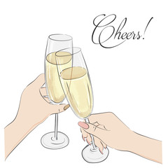 Cheers vector illustration. Glasses with champagne alcohol  and cheers typography. Happy anniversary, wedding, party sign. Restaurant lettering print