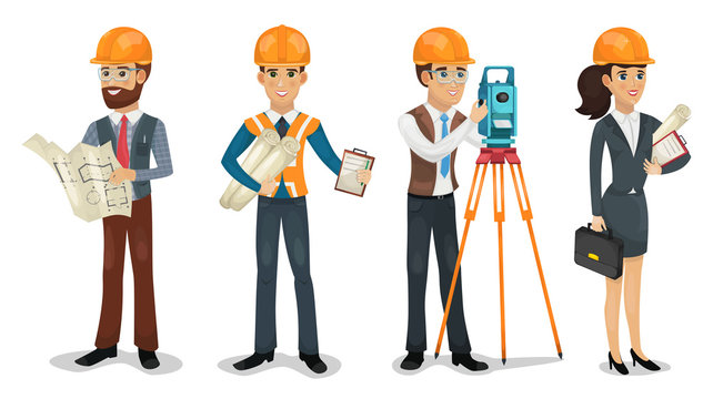 Civil engineer, surveyor, architect and construction workers isolated illustration.