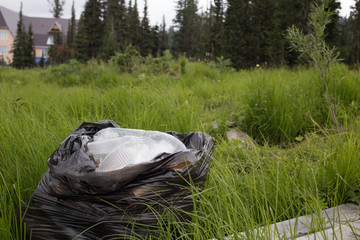 glass of plastic into a black garbage bag