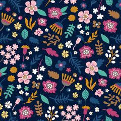 Vector seamless background pattern with hand drawn flowers and leaves