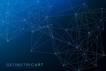 Geometric abstract background with connected line and dots. Scientific concept for your design. Global cryptocurrency blockchain business banner concept. Vector illustration.