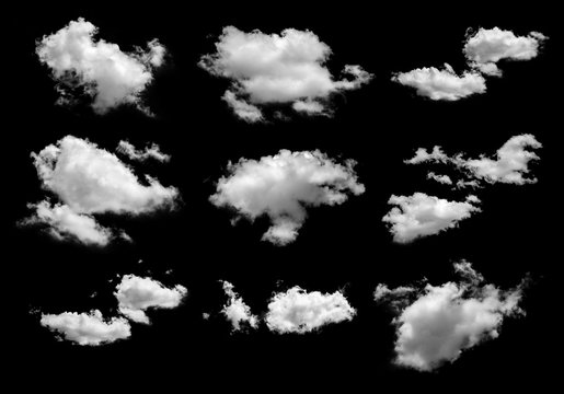 collection of white clouds isolated on black background, set of clouds
