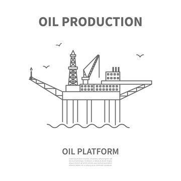 Oil offshore platform linear logotype for oil producing company. Rig for exploration and drilling wells for oil production in the sea. Vector illustration.