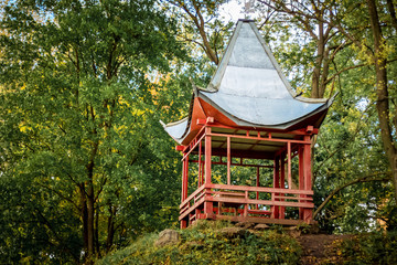 Chinese-style summerhouse in the park in the summer_