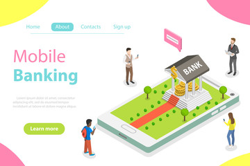 Flat isometric vector concept of online banking, mobile payment, transfer money.