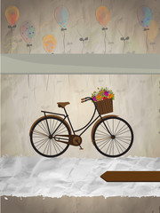 Fototapeta na wymiar Greeting card design decorated with flowers and bicycle for birthday celebration concept.