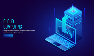 Responsive landing page or web template design with 3D isometric illustration of local server connected from cloud server for data sharing or Cloud Computing concept.